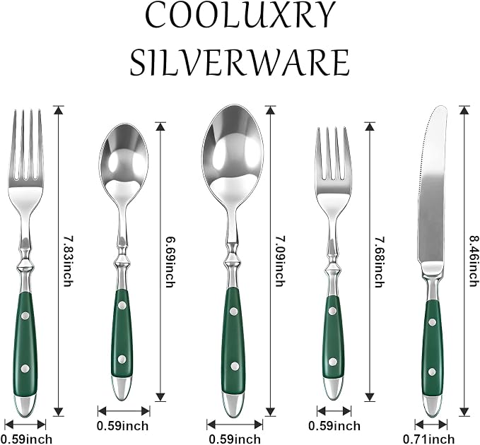 Vintage Silverware Set Service for 4, Flatware Set with Green Bakelite Handle, Stainless Steel Cutlery Set, Dishwasher Safe