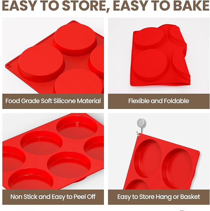 Redfly Silicone Egg Molds for Breakfast Sandwiches 4 Pcs, Non Stick 4 Inch Egg Bites Baking Pans, Jumbo Silicone Muffin Pans for Baking, Round Muffin Top Pan for Whoopie Pie Pan, Hamburger, Fruit Tart