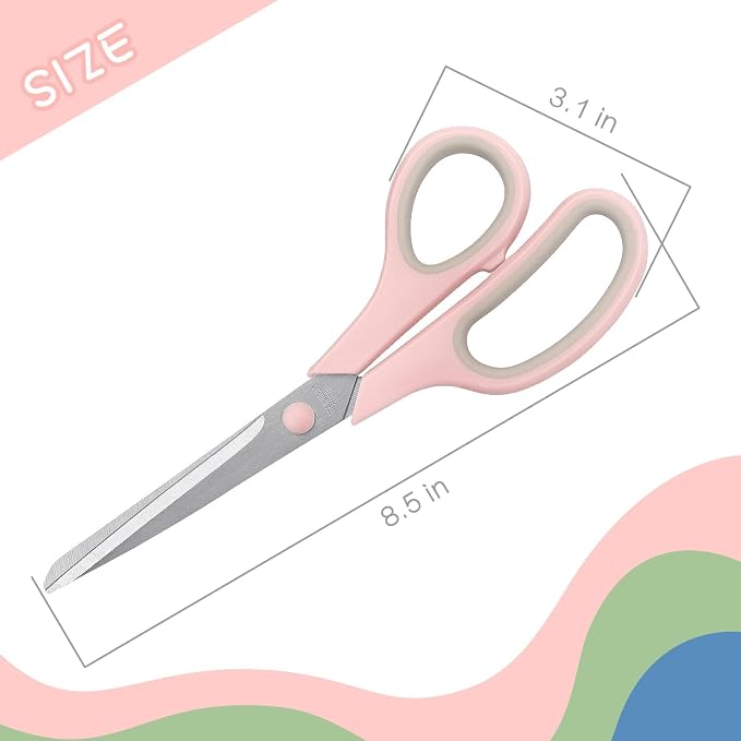 LONGKEY 8.5" Pastel Scissors 3-Pack, Ultra Sharp Stainless Steel | All Purpose Scissors for Office Home School, Soft Comfort-Grip Right/Left Hand