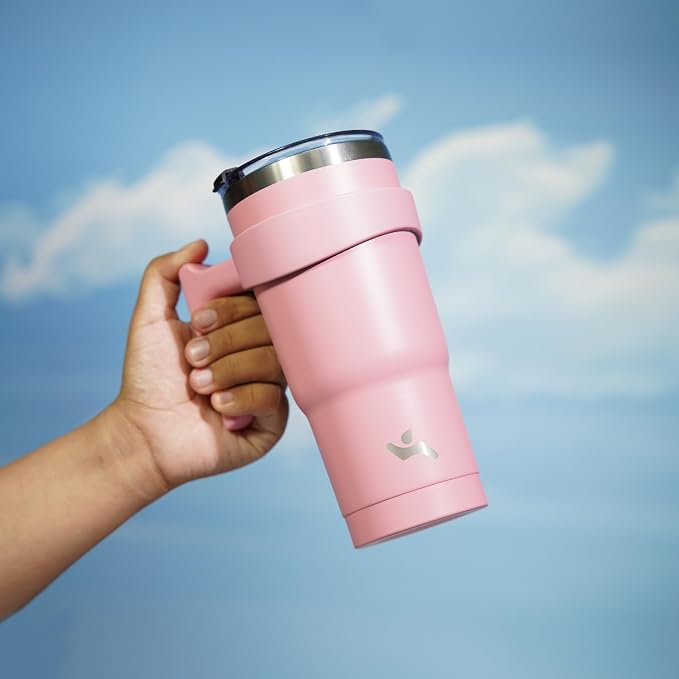Konokyo 20 oz Tumbler with Handle and Straw, Insulated Travel Mug | Light Pink; BPA-free, leak-proof tumbler with 2 lids, 2 straws, cup holder fit for coffee, office, travel & daily use
