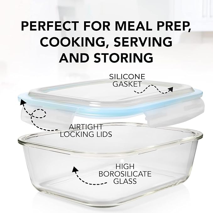 Razab 16 Pc (Set of 8) 30 Oz Glass Meal Prep Containers with Lids, Airtight Large Glass Food Storage Containers, Reusable Leak Proof BPA Free, Freezer to Oven and Dishwasher Safe