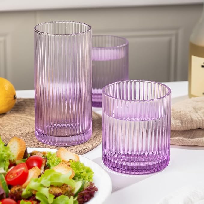 Ribbed Drinking Glasses 8pcs, 12oz and 10oz Glassware, Tumbler Glasses Cup Set for Wedding, Party, Christmas Gift, Purple
