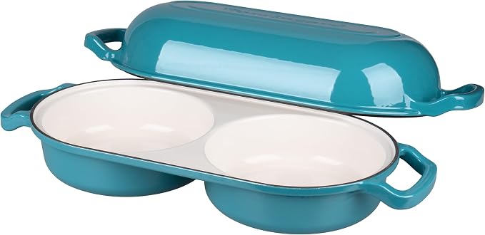 Enameled Cast Iron Double Dutch Oven with Lid, Dual Round Loaf Pan, Bread pan for Homemade Sourdough Bread Baking, Bluegreen