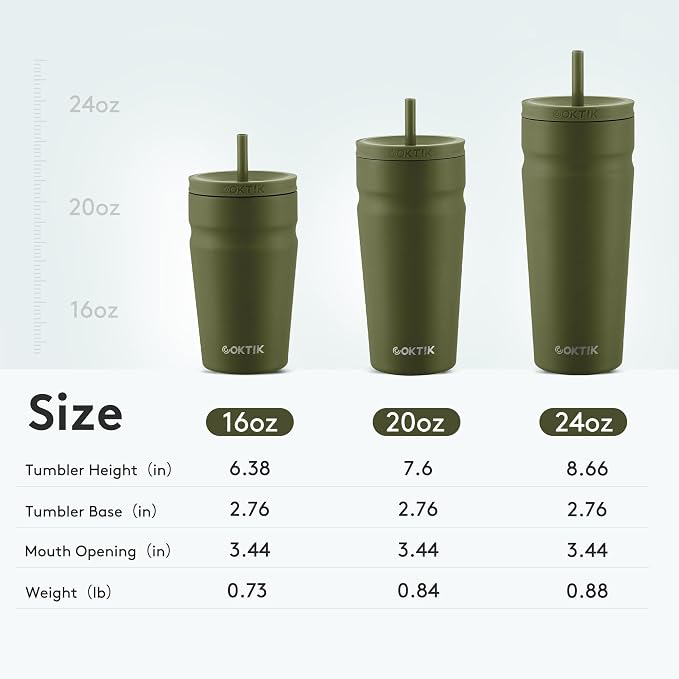 COKTIK 24oz Insulated Tumbler with Lid and Straw Iced Coffee Cup Reusable Stainless Steel Travel Mug Water Bottle Cupholder Friendly for Women Men Her Him (Olive)