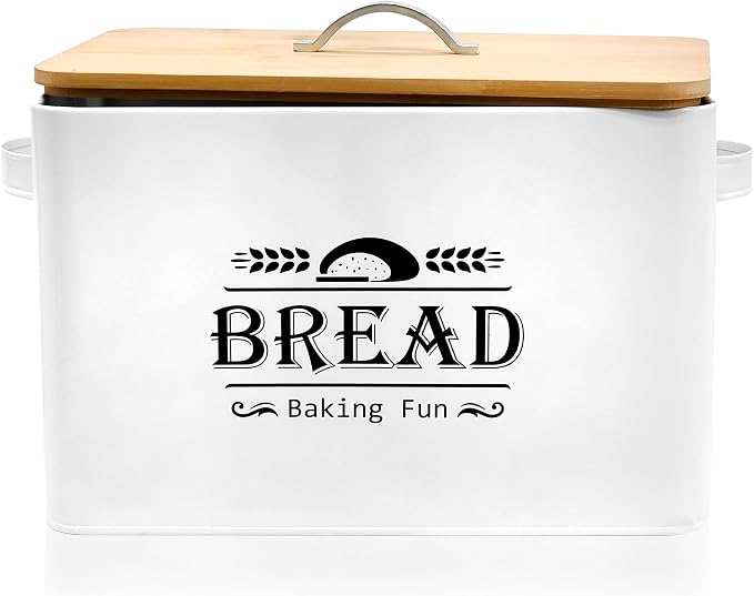Jolitac Farmhouse Style Bread Box for Kitchen Countertop - Space-Saving Bread Storage Container with Wood Lid | Rustic Vintage Organizer for Small Kitchens & Countertop Gift (12.2”L x7.5”W x8”H)