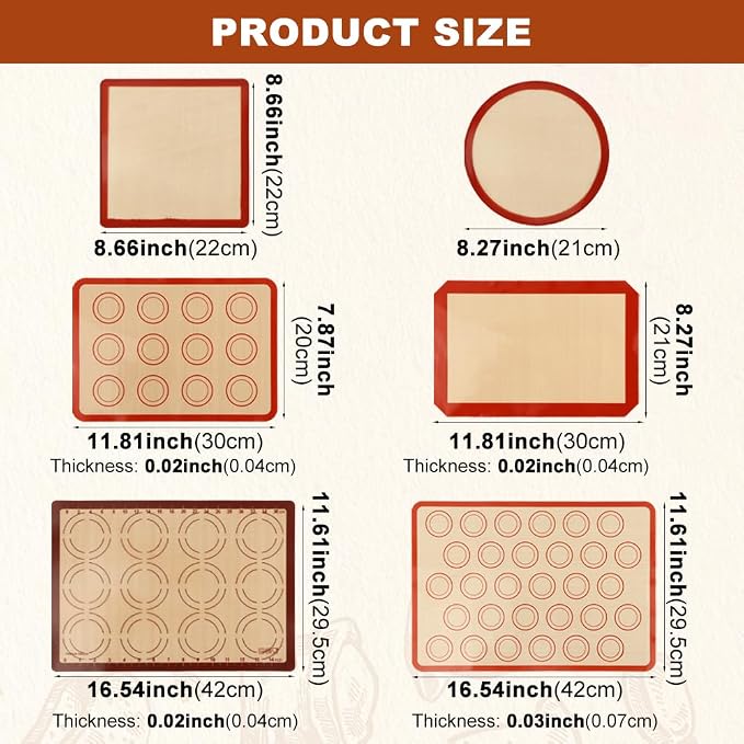 Silicone Baking Mat Set of 6, Reusable Baking Sheet Set Food Grade Oven Liner Sheet Non-Stick & Easy Clean Pastry Board Rolling Dough Mats for Macaron, Cookie, Pizza, Bread