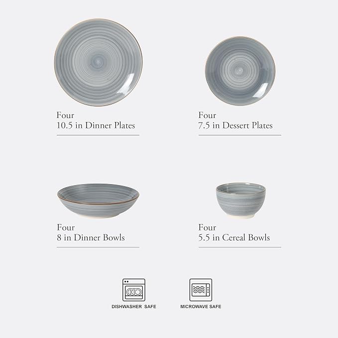 Gibson Home Stonebury 16 Piece Plates and Bowls Blue Dishes - Handpainted Stoneware Dinnerware Set - Service for 4