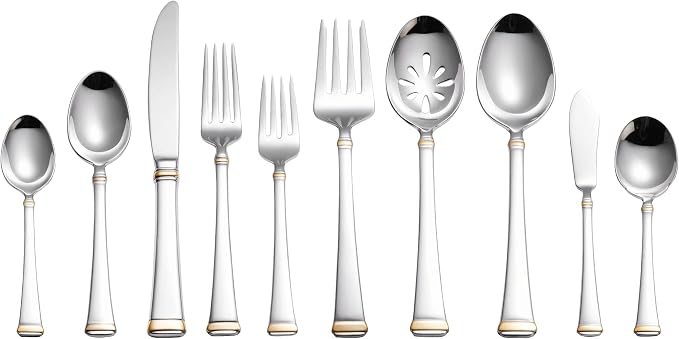 Mikasa Harmony 65-Piece Flatware Set for 12, 18/10 Stainless Steel Silverware with Gold Accent Handles, Service for 12 with Serving Utensils, Dishwasher Safe