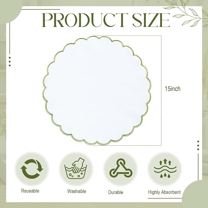 Set of 24 White Cotton Placemats 15" Round Scalloped Green | Double Layered Cotton Fabric, Washable Embroidery, Green Edge Edge, Rustic Table Mats for Wedding Dining Table Decor