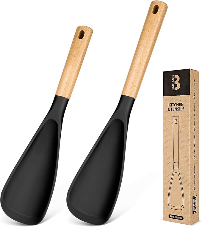 Multifunction Cooking Spoon for Nonstick Cookware,11.4"&13.4",Black | Great for Cooking and Serving, Sturdy BPA-Free Matte Silicone, Wood Handle spoonula for Mixing, Scoop, and Scrape