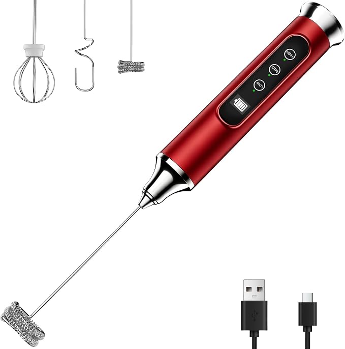 YUSWKO Milk Frother Wand for Coffee, Coffee Frother Handheld Drink Mixer | Rechargeable Mixer Wand, Waterproof Electric Whisk for Protein Powder, Lattes, Cappuccino, 3 Variable Speeds 3 Whisks, Red