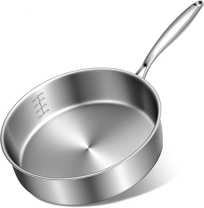 EWFEN 12 Inch Tri-Ply Stainless Steel Frying Pan, Compatible with All Cooktops Up to 600℉, Large Frying Pan Induction-Ready Skillet, Dishwasher and Oven Safe, Even Heat