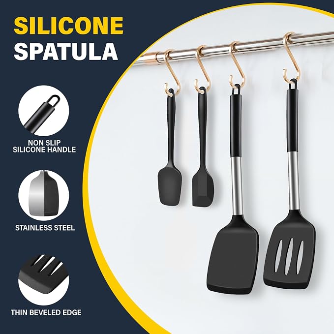 Silicone Spatula Set, Heat Resistant Solid & Slotted Turner for Non-Stick Pans, BPA-Free Silicone Cooking Utensils, Flexible Spatula for Flipping Eggs, Burgers, Pancakes, Fish, Black, 4 PCS-A