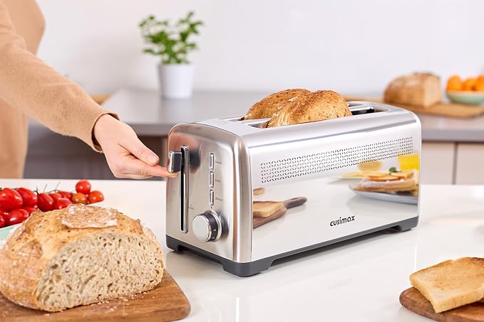 4 Slice Toaster, CUSIMAX Long Slot Toaster for Sourdough, Stainless Steel | High-Lift Quick Glance, Bagel, Defrost & Cancel, 9 Browning Levels, Extra-Long Slots Fit Artisan Bread & Thick Texas Toast