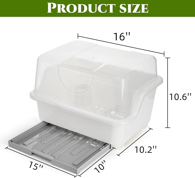 Plastic Dish Drying Rack with Clear Cover Lid, Dust-Proof | Desktop Plate Cup Dryer Holder with Lid Cover, Cutlery Utensil Dish Nursing Bottle Organizer for Tableware, Kitchen Cabinet