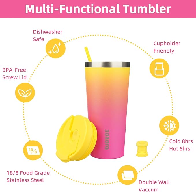 BJPKPK 22 oz Coffee Tumbler with Straw, Insulated Stainless Steel Cup | Double Wall Vacuum, Leak Proof Lid, Keeps Hot/Cold/Iced, BPA Free, Dishwasher Safe, Cupholder Fit, Travel, Pink Yellow Rose