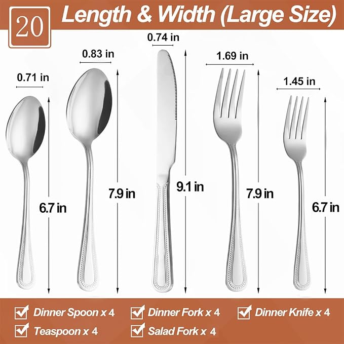 20 Pcs Silverware Set for 4, Food Grade Stainless Steel Flatware Set, Eating Utensils Sets Include Fork/Knife/Spoon, Reusable Cutlery Set for Home Kitchen, Dishwasher Safe, Pearl-edged