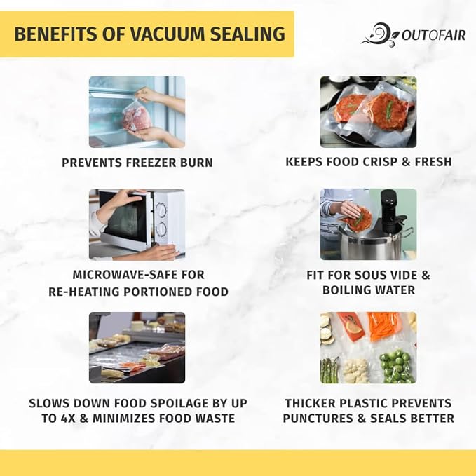 OutOfAir 100 Vacuum Sealer Bags: 4" x 6" Pre Cut Bags - Works with FoodSaver & Other Machines - 33% Thicker BPA Free, 4 Mil Commercial Grade, 4 x 6 inches
