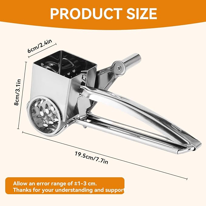 Stainless Steel Single Drum Rotary Cheese Grater, Multipurpose Rotary Cheese Grater with 3 Different Rotatable Drums for Parmesan, Mozzerella, Vegetables and More