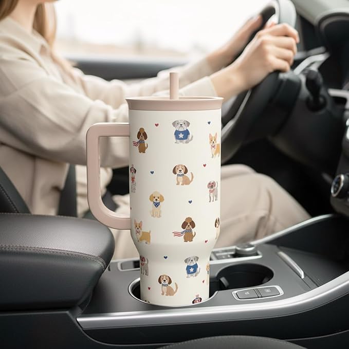 SANDJEST Dogs 40oz Tumbler with Handle and Straw, Insulated Stainless Steel Travel Coffee Mug for Women Girls Dog Lovers Dog Mom, Gift Idea for Birthday Christmas Mothers Day