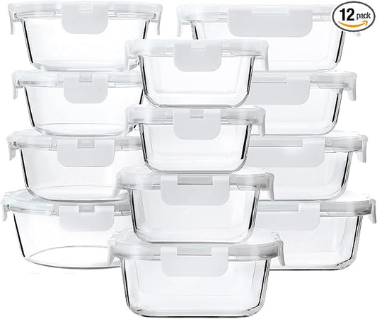 M MCIRCO 24-Piece Glass Food Storage Containers with Upgraded Snap Locking Lids,Glass Meal Prep Containers Set - Airtight Lunch Containers, Microwave, Oven, Freezer and Dishwasher,White