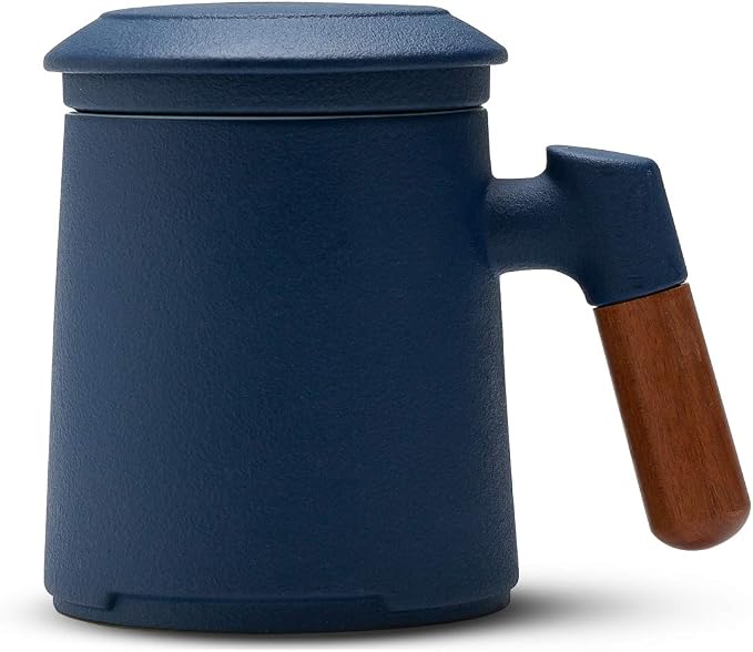 ZENS Tea Mug with Infuser and Lid for Loose Leaf Tea Steeper, 12oz Blue | Embossed Ceramic Tea Cup with Infuser for Herbal Tea Difussers, Tea Lovers Gifts, Nature Wood Handle