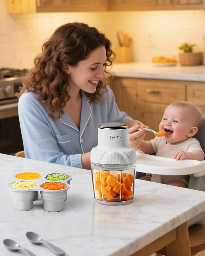 HEYVALUE 20 Oz Glass Baby Food Maker with Silicone Spoons, Spatula, Grey | One-Touch Blending, Baby & Pet Large Food Processor Set, Feeding Every Stage, Effortless Cleaning, Dishwasher Safe, BPA-Free