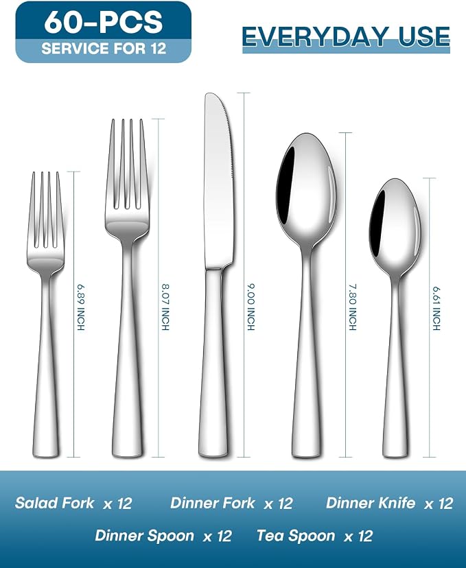 Stapava 60 Piece Silverware Set, Food-Grade Stainless Steel Flatware Sets for 12 Mirror Polished Cutlery Utensil Sets Include Dinner Knives Spoons and Forks Set Dishwasher Safe for Home Restaurant