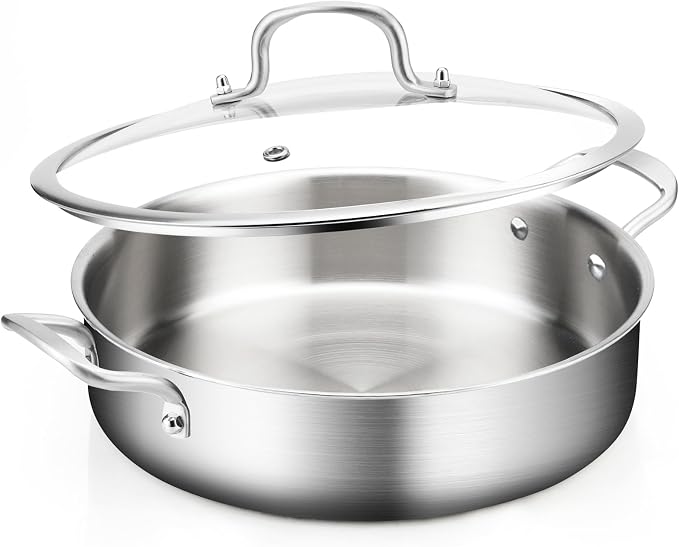 Yeksum Saute Pan with Lids, 3-Ply frying pan with lid large Fry Pan, 7QT Induction Skillet with lids, 12 inch Frying Pan 18/10 Cooking Pan, Silver, Oven & Dishwasher Safe, Works on All Cooktops
