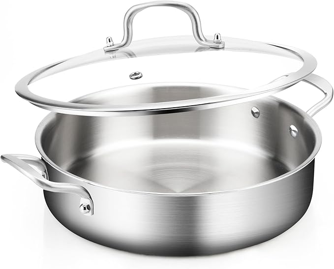 Yeksum 8-Quart Saute Pan with Lid | 13-Inch 3-Ply 18/10 Stainless Steel Deep Fry Pan & Large Skillet, Healthy Non-Toxic Cookware, Oven & Dishwasher Safe