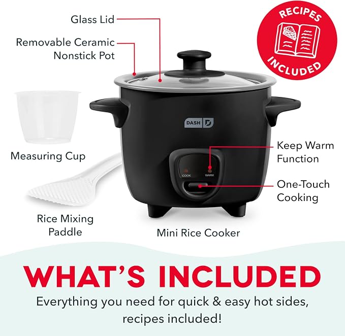 Dash Mini Rice Cooker, 2-Cup Removable Ceramic Nonstick Pot, Black | Small Rice Cooker, Rice Maker for One, Keep Warm Function, Cooks Oatmeal, Quinoa & Grains