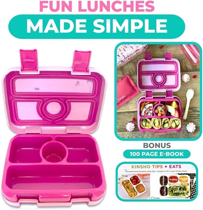 Bento Lunch Box for Kids Toddlers, Leak Proof Containers for Girls, 4 Divided Compartments - Pre School, Daycare, Portion Control Snack Tiffin with Lid Utensil, BPA Free, Age 3+, Cute Pink Unicorn