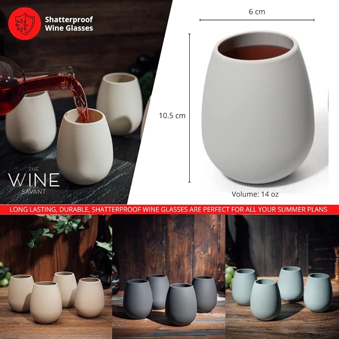 Unbreakable Wine Cups 4" H Set of 4 by The Wine Savant - Reusable & Shatterproof Wine Tumblers for Parties, Picnics, Outdoors, Camping, Bar Party Stemless Wine Cup Aerating, Silicone Drinkware(Black)