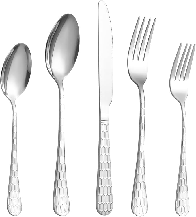 20 Pcs Silverware Set for 4, Food Grade Stainless Steel Flatware Set, Eating Utensils Sets Include Fork/Knife/Spoon, Reusable Cutlery Set for Home Kitchen, Dishwasher Safe, Round Hammered