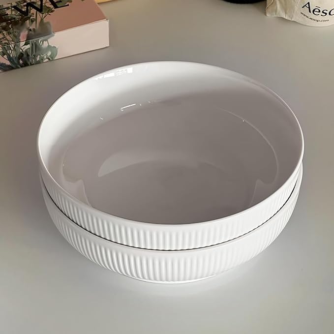Set of 2 Serving Bowls- 9inch Extra Large Salad Bowls -Porcelain White Serving Bowls for Salad Soup Pasta and Dinner-Large Ceramic Bowl Set for Entertaining