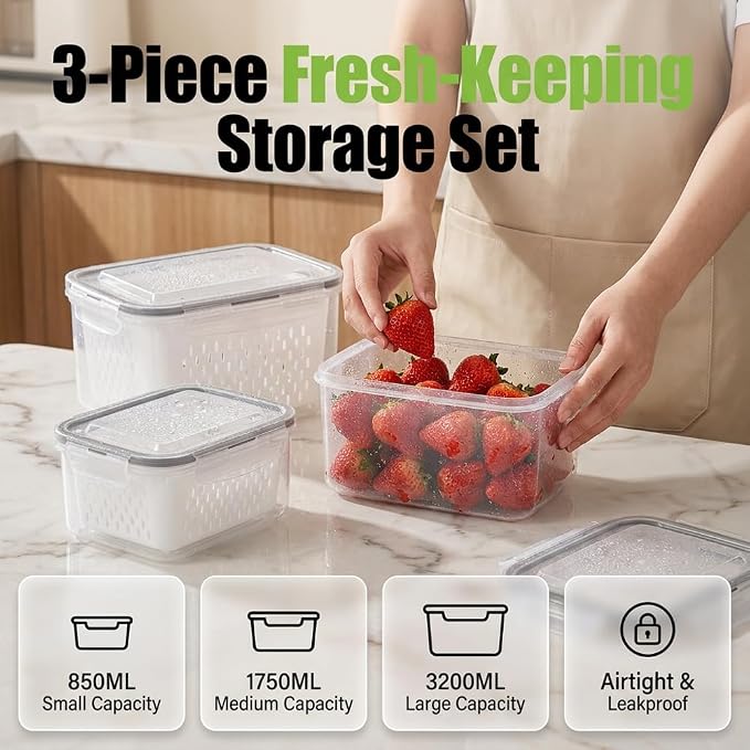Food Storage Containers for Fridge with Removable Colander, Fruit Storage Containers with Lids, Leakproof Produce Containers Fridge Organizers and Storage for Berry Fruits Vegetables (Blue, S+M+L)