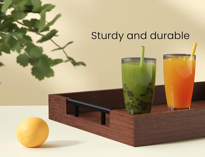 Fibogollo Set of 2 Bamboo Serving Trays with Metal Handles(Brown) | Ottoman Decorative Trays Platter for Coffee Table,Living Room,Bar,Party,Holiday Hosting and Outdoor Entertaining