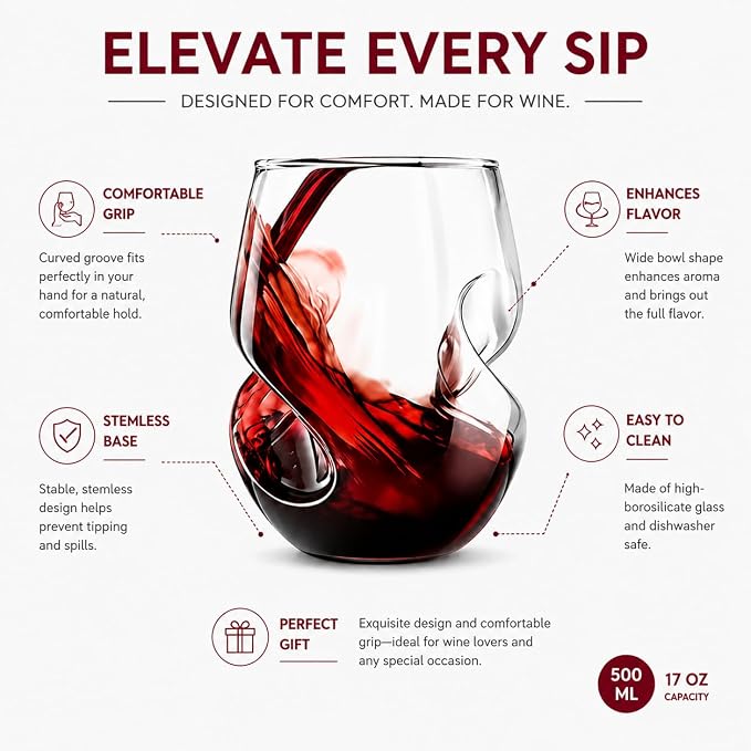 2 Pack Stemless Wine Glasses, 16 oz Handcrafted Clear Glass Set with Finger Indentations, Suitable for Everyday Use, Hosting, Evening Parties, and Celebrations