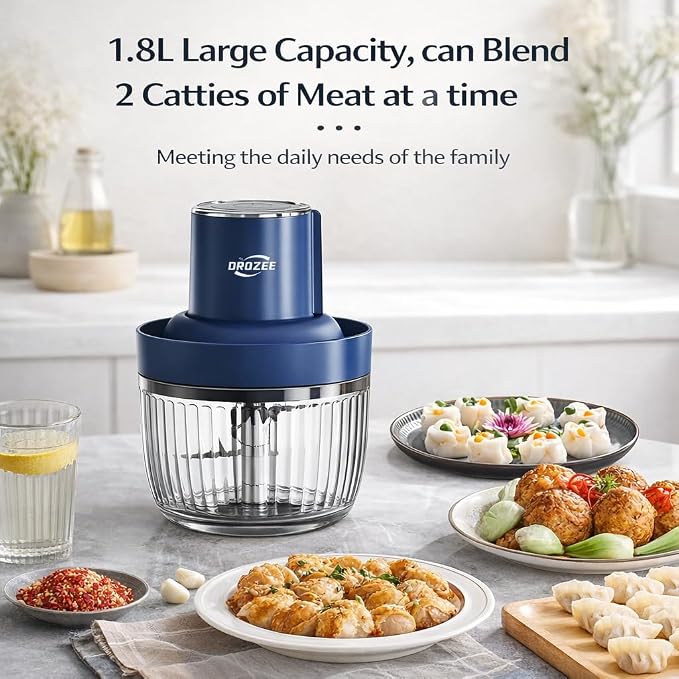 Deluxe Food Processor, Electric Food Chopper with 1.8L (8 Cup) Capacity Glass Bowl Powerful 300W Meat Grinder Vegetable Chopper (middle)