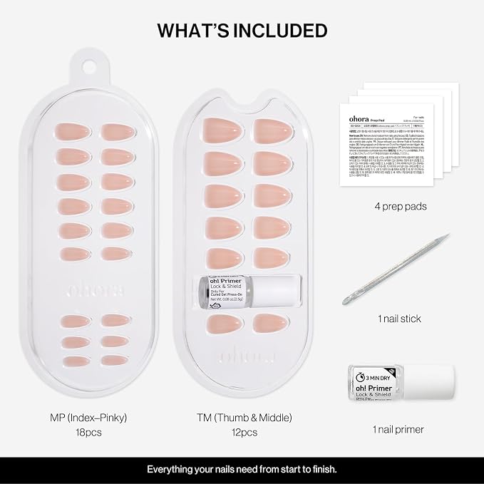 ohora Gel Press On Nails | Beige, Ombre, Medium Oval | Blush Beige | Salon-Quality, 100% Real Gel, No UV Lamp, No Glue, Non-Toxic | 15 Sizes, 30 Tips | Long Lasting press ons, K beauty nails