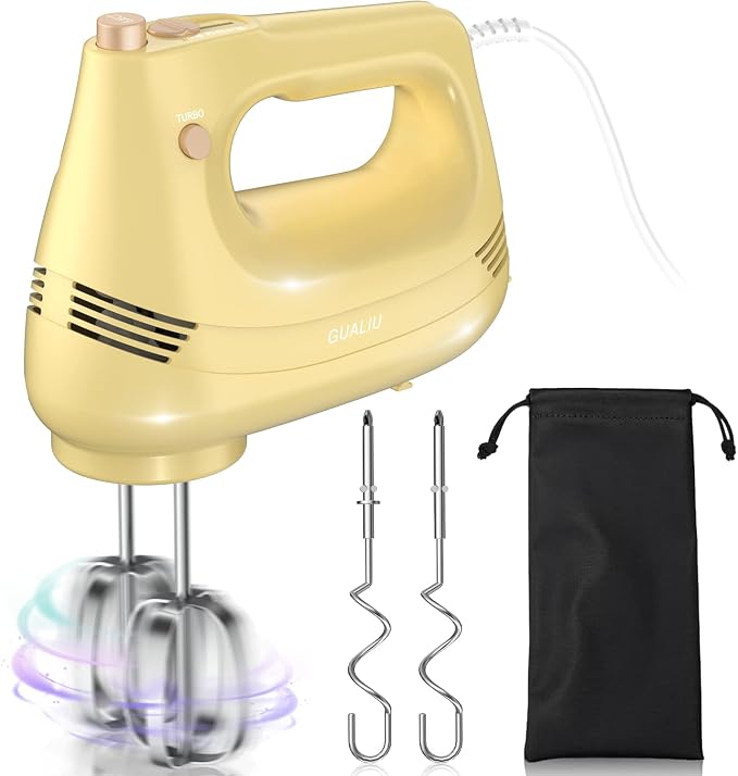 GUALIU Electric Hand Mixer, 304*(2* Beaters, 2* Dough Hooks), (1* Storage Bag) Handheld Mixer for Baking Cakes, Eggs, Cream Food Mixers, Turbo Boost /5 Speed Kitchen Blender YELLOW
