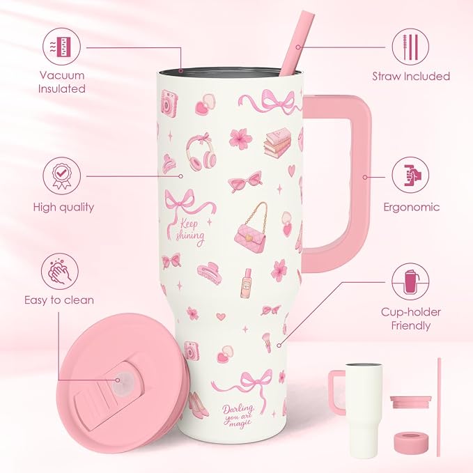 SANDJEST Women's Things 40oz Tumbler with Handle and Straw, Insulated Stainless Steel Travel Coffee Mug for Women Girls, Gift Idea for Birthday Christmas Mothers Day