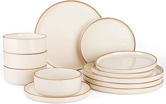 Famiware Nebula 12-Piece Dinnerware Set, Vanilla White with Brown Rim | Stoneware Dish Set for 4, Plates and Bowls, Microwave and Dishwasher Safe, Chip and Scratch Resistant