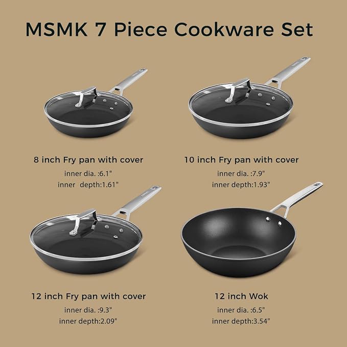MsMk 7-Piece Nonstick Frying Pan Set with Lid, Induction Cookware Sets | Non Toxic, Even Heating, Easy Clean, Dishwasher & Oven Safe, suitable for gas & electric & induction stoves, Stainless Steel