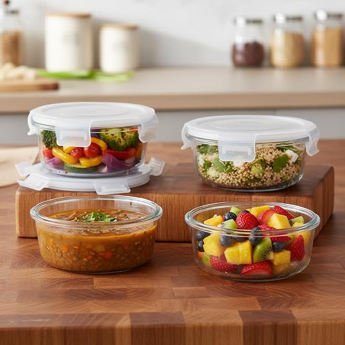 12oz Round Glass Food Containers With Lids, Small Round Glass Meal Prep Containers set,1.5 Cup Small Clear Food Storage Bowls BPA-Free, Microwave, Dishwasher, Freezer Safe（White）
