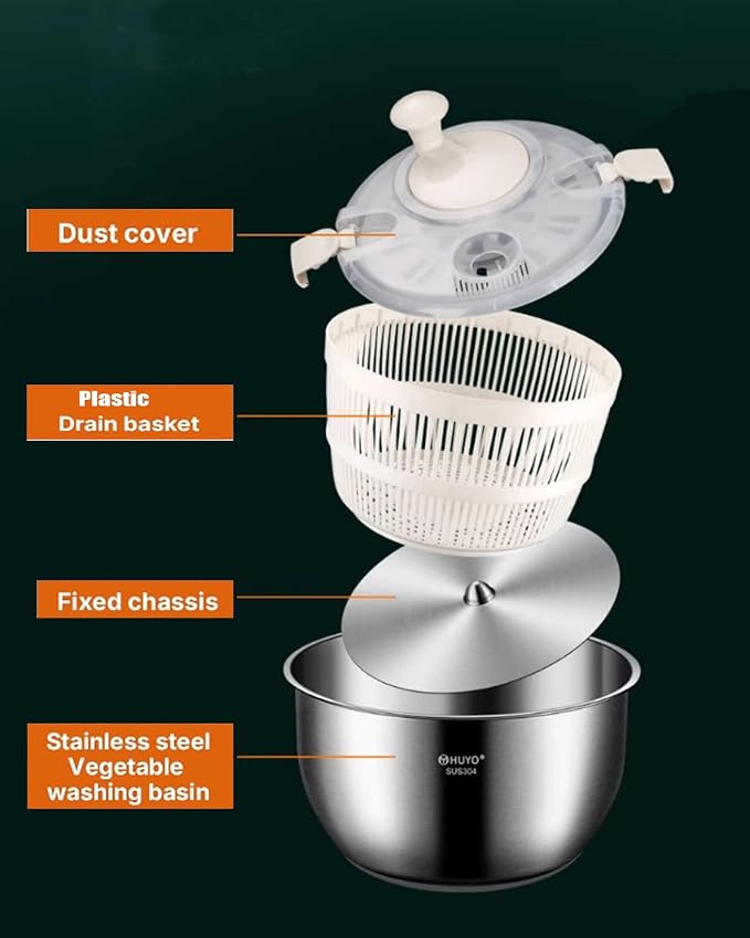 Salad Spinner Drainable Quick Spin Fruit Vegetable Dryer | 5.3 quart large capacity stainless steel multifunctional colander washer with drain outlet to clean fruits quickly