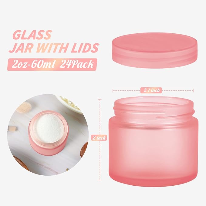 2oz Jars with Lids, Hoa Kinh 24 Pack Pink Frosted Glass Jars with Lids | Empty Cosmetic Containers Round Airtight Glass Jar with Inner Liners and Lid for Storing Lotions, Powders, and Ointments