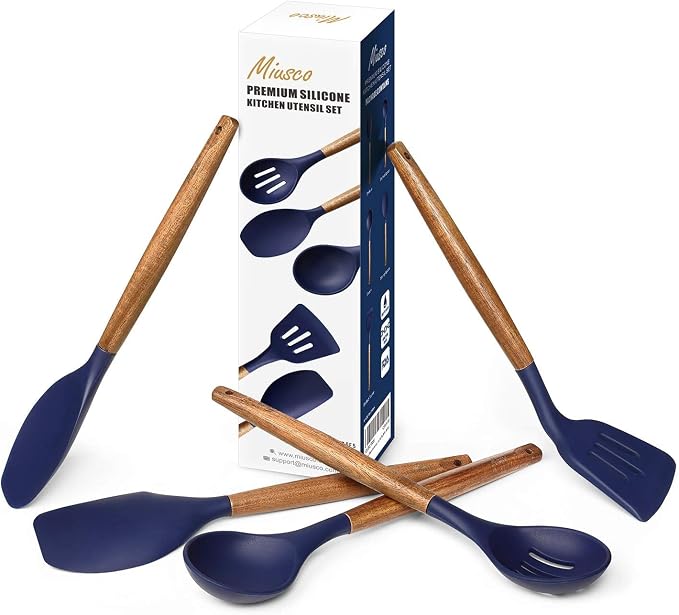 Non-Stick Silicone Kitchen Utensils Set with Natural Acacia Hard Wood Handle, 5 Piece, Midnight Blue, BPA Free, Baking & Serving Silicone Cooking Utensils