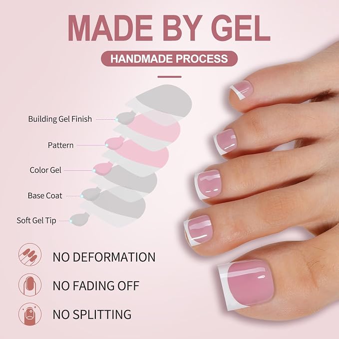 Misssix Press on Toenails Short, French Tip Toe Nails Square, Berry Pink | 150pcs Soft Gel False Toenail, Acrylic Soak off Fake Toe Nails for Women Nail Art DIY 15 Sizes
