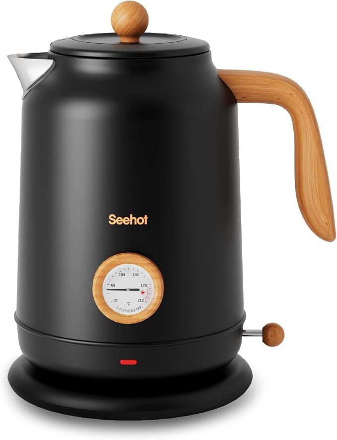 Seehot® Electric Kettle With Thermometer, 1.7L 1200W, Black | Auto shutoff, boil-dry protection,water-contact stainless steel, cordless base for coffee and tea